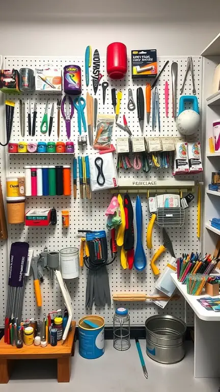25 Creative Storage Ideas for Small Spaces 12 A colorful pegboard filled with various tools and supplies, showcasing organized storage solutions.