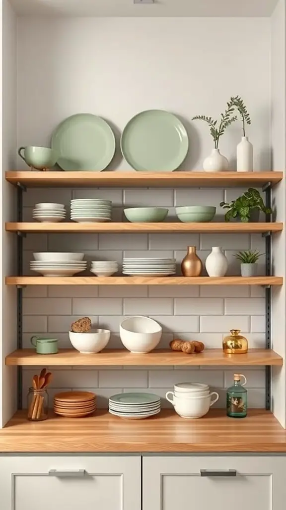 27+ Stunning Sage Green and Wood Kitchen Ideas You’ll Love 17 Open shelving displaying sage green and wood kitchenware