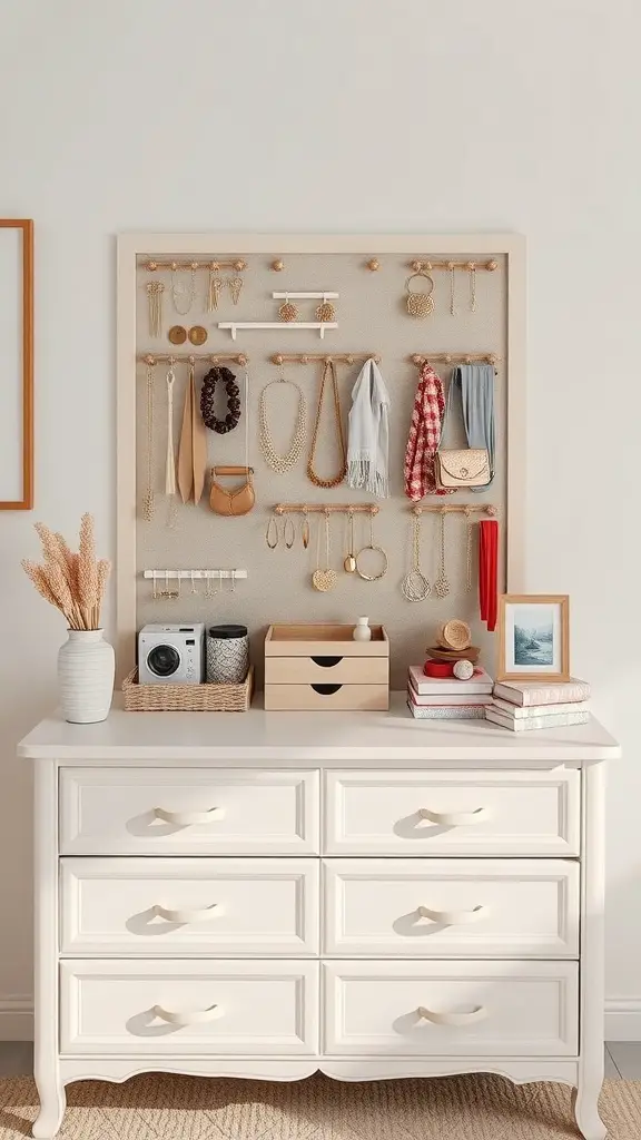 25 Creative Ideas for Dresser Organization with 15 Must-Have Items 8 A stylish dresser with a wall-mounted accessory organizer displaying jewelry and bags.