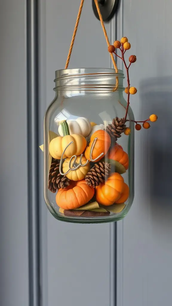 19+ Creative DIY Fall Door Hanger Ideas to Welcome the Season 9 A mason jar filled with faux pumpkins, pinecones, and decorative leaves, hanging on a door.