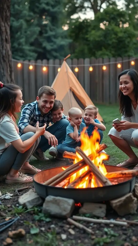 A family enjoying backyard camping around a fire pit with a tent in the background.
