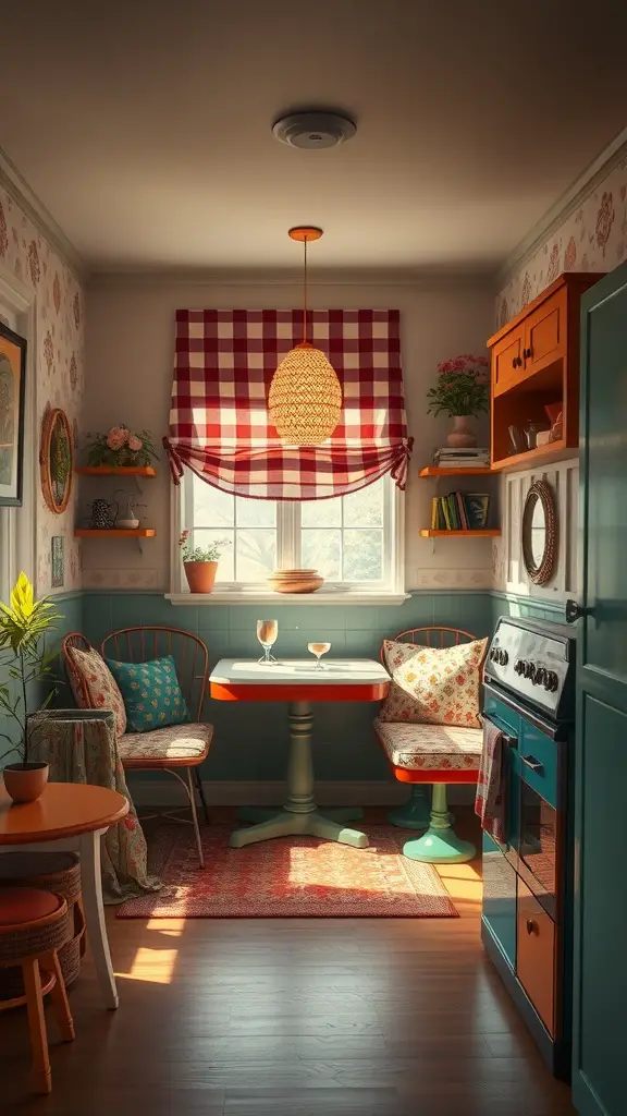 23+ Creative Bloxburg Kitchen Ideas to Transform Your Space 14 A cozy vintage-inspired kitchen nook with a round orange table, patterned chairs, and a checkered curtain.