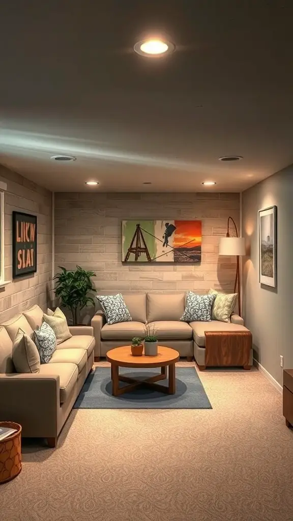 19+ Cozy Unfinished Basement Ideas to Transform Your Space 3 Cozy unfinished basement with a comfortable sofa, coffee table, and artwork on the walls.
