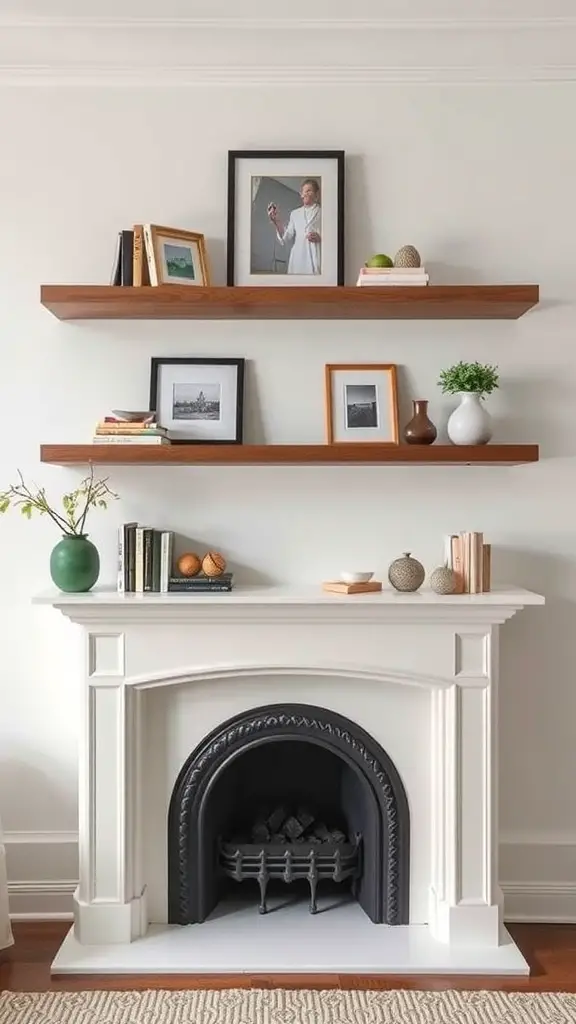 27+ Stylish Fireplace Decor Ideas You’ll Love 17 A modern fireplace with chic floating shelves displaying books and decorative items.