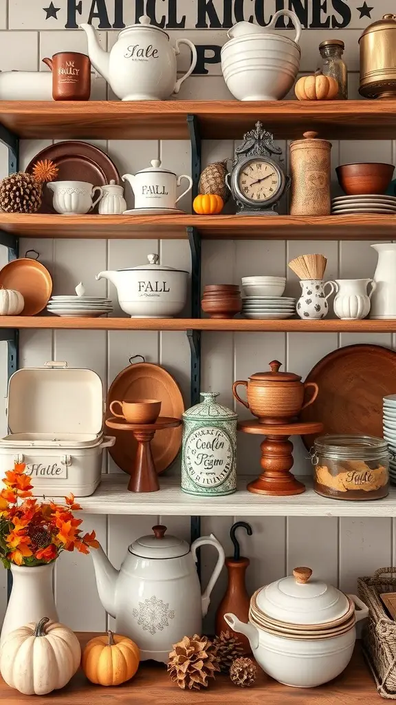 21+ Stunning Fall Kitchen Decor Ideas to Elevate Your Space 8 A vintage kitchenware display featuring teapots, bowls, and seasonal decor like pumpkins and leaves.