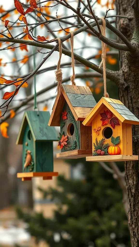 27+ Creative Fall Wood Crafts to Make This Season 16 Three colorful wooden birdhouses hanging from a tree branch with autumn leaves.