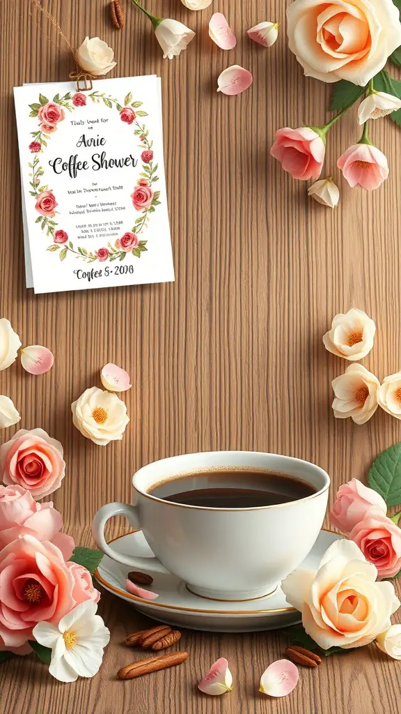 19+ Adorable Coffee-Themed Bridal Shower Ideas You’ll Love 7 A coffee-themed bridal shower invitation surrounded by flowers and a cup of coffee.