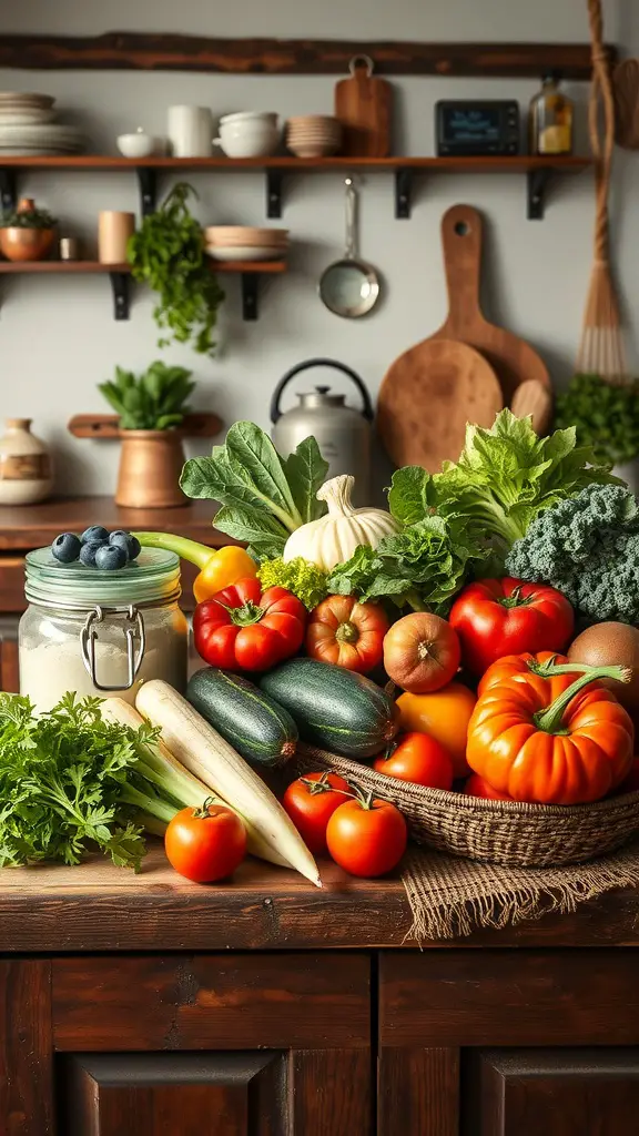 33+ Vintage Farmhouse Kitchen Ideas You'll Love 7 A display of fresh vegetables and fruits in a vintage farmhouse kitchen setting.