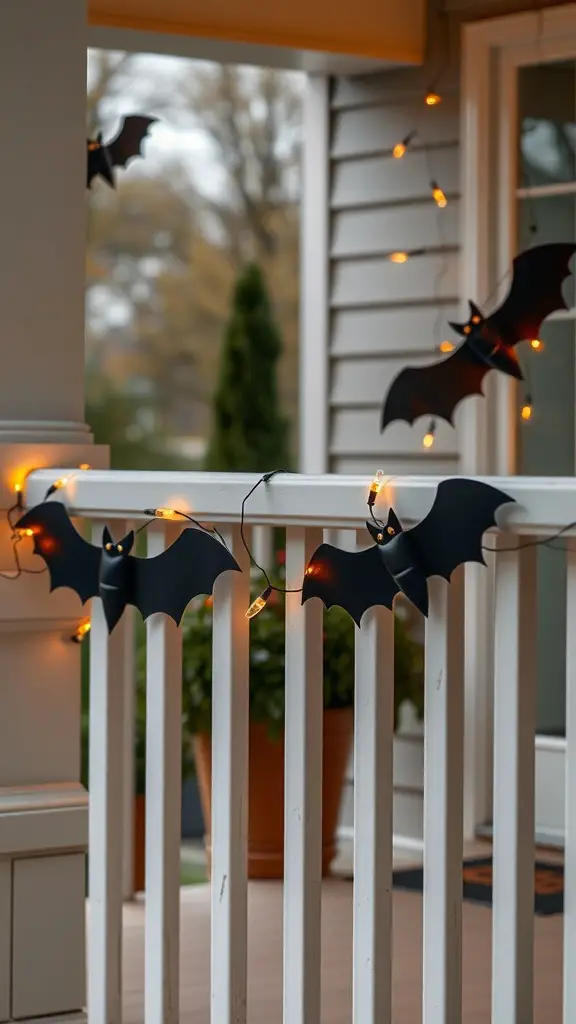 23+ Spooky DIY Outdoor Halloween Decorations to Enchant Your Yard 14 A decorative bat garland with lights hanging on a porch railing