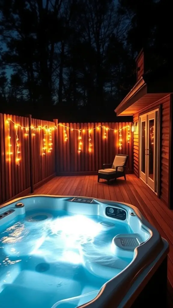 23+ Stunning Hot Tub Deck Designs to Elevate Your Outdoor Oasis 14 A hot tub deck at night with warm string lights and a cozy chair.