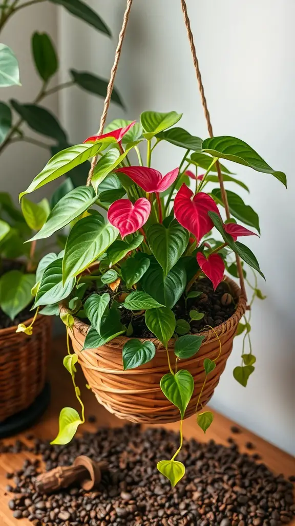 A hanging pothos plant with vibrant green leaves above a mound of coffee grounds.