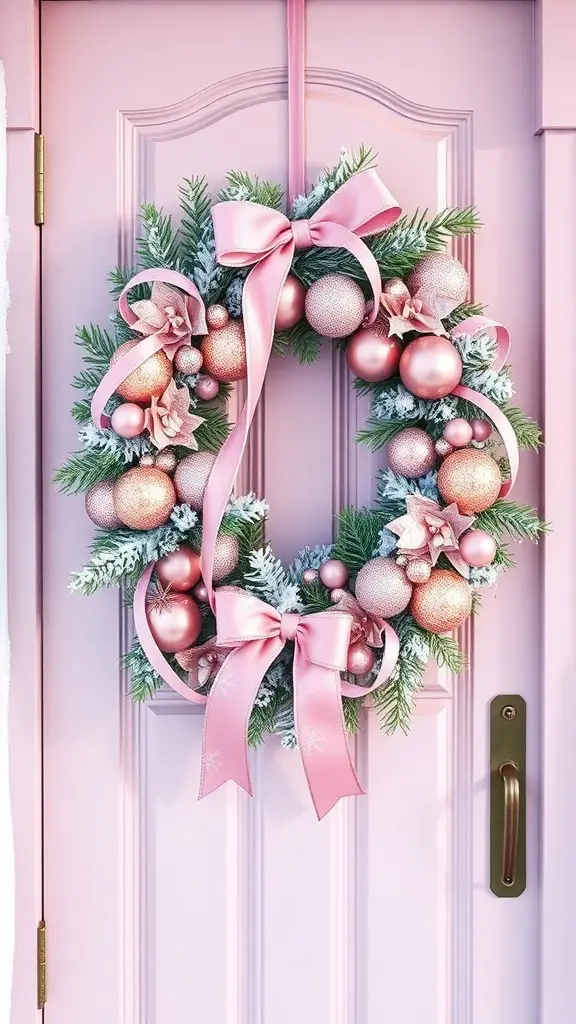 A pink Christmas wreath with rose gold accents, featuring ornaments and flowers, set against a snowy background.