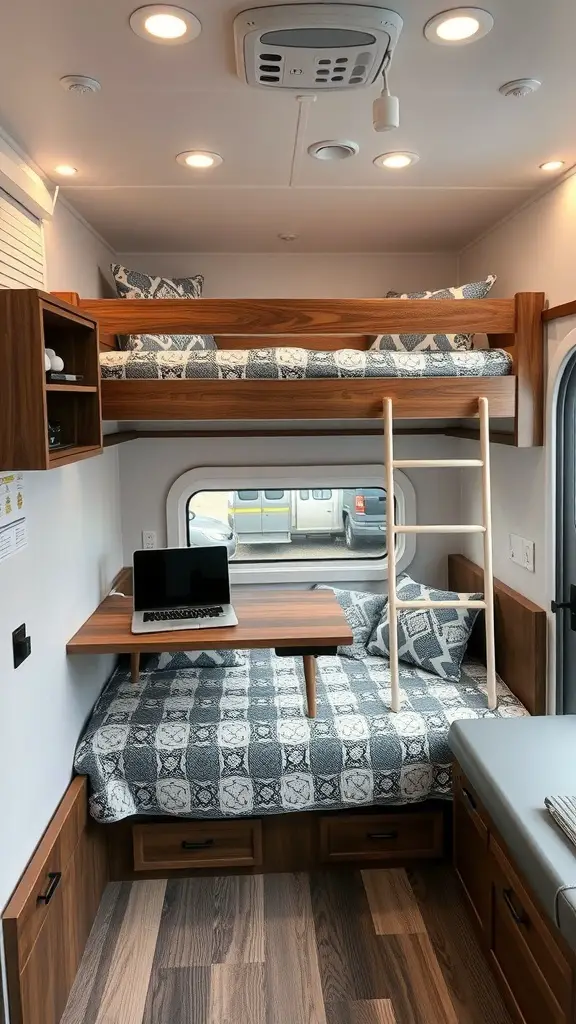 23 Creative Camper Bunk Bed Ideas for Your Next Adventure 10 A camper interior featuring a bunk bed with an integrated desk, showcasing a cozy and functional design.