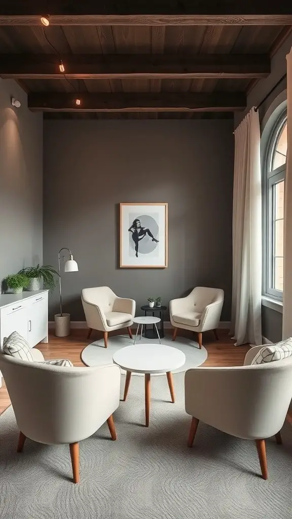 A cozy seating area with light-colored chairs and a round table, featuring wooden beams on the ceiling.