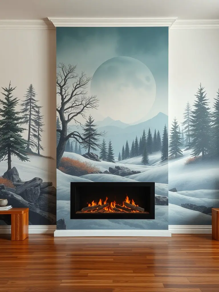 21+ Stunning Electric Fireplace Wall Ideas to Transform Your Space 12 Electric fireplace with a winter landscape mural on the wall.