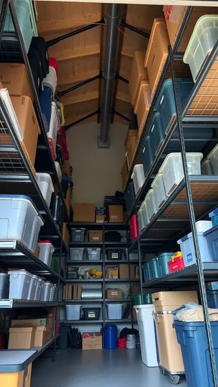 19+ Creative Garage Loft Storage Ideas You Need to Try 10 A well-organized garage storage area with tall shelves filled with various bins and boxes.