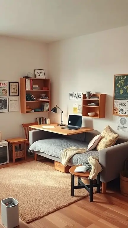 17 Stylish Small Dorm Room Ideas for Limited Spaces 6 Cozy dorm room with multi-functional furniture, including a bed that doubles as a sofa and a desk integrated into the design.
