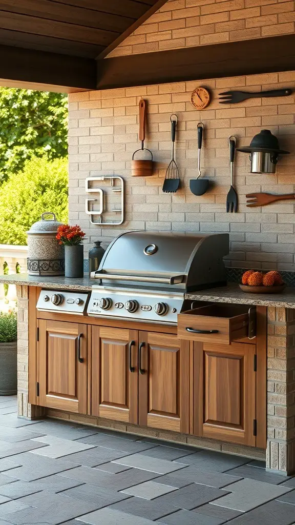 Outdoor grill island with wooden storage cabinets and grilling utensils