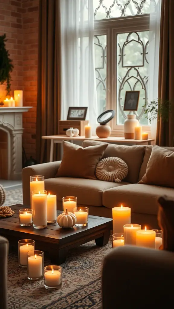 23+ Cozy Fall Living Room Decor Ideas to Transform Your Space 13 A cozy living room with various candles lit on a coffee table and around the space, creating a warm atmosphere.