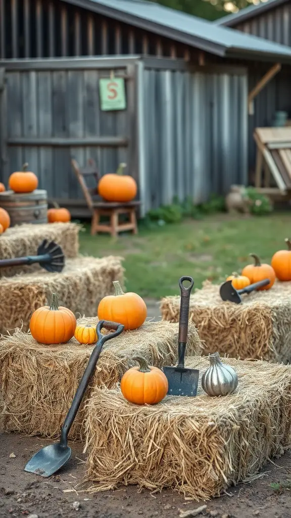 23 Vintage Fall Decor Ideas to Warm Your Home 9 Hay bales with pumpkins and gardening tools in a rustic outdoor setting