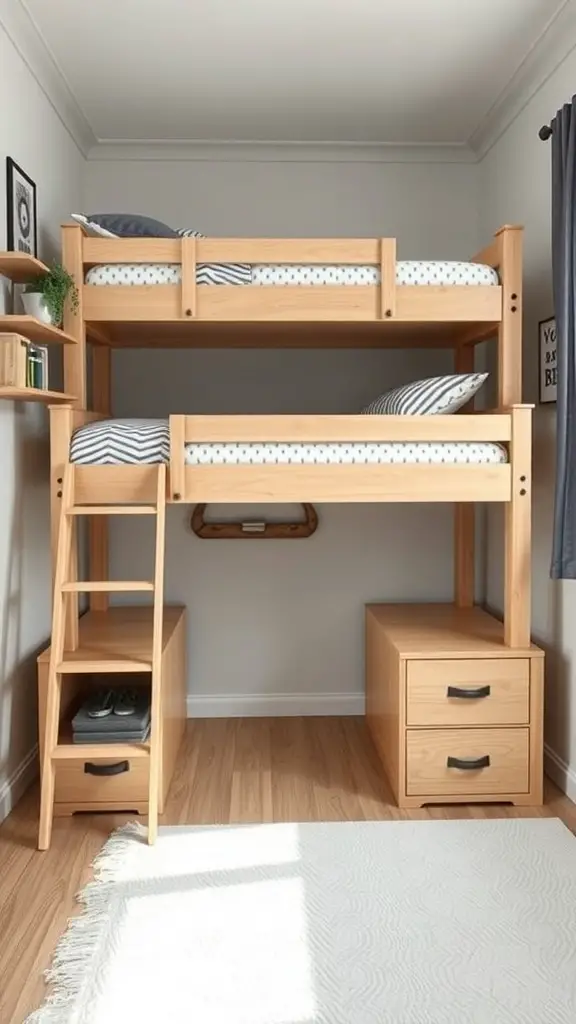 15+ Creative Adult Bunk Bed Ideas for Small Rooms 3 A wooden multifunctional bunk bed with storage drawers and shelves in a small room.