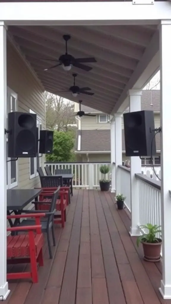 21+ Must-Have Features for Your Covered Deck Oasis 15 A covered deck featuring mounted speakers, a dining table, and chairs.