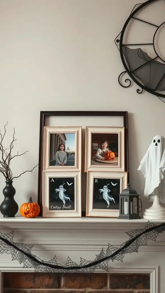 21+ Spooky and Creative Halloween Crafts for Adults 13 A mantel display featuring ghost-themed photo frames, mini pumpkins, and Halloween decorations.