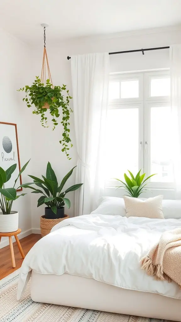 25+ Must-Have Items for a Cozy Scandinavian Bedroom 7 A bright Scandinavian bedroom featuring a bed with white bedding, a hanging plant, and potted plants on the floor.