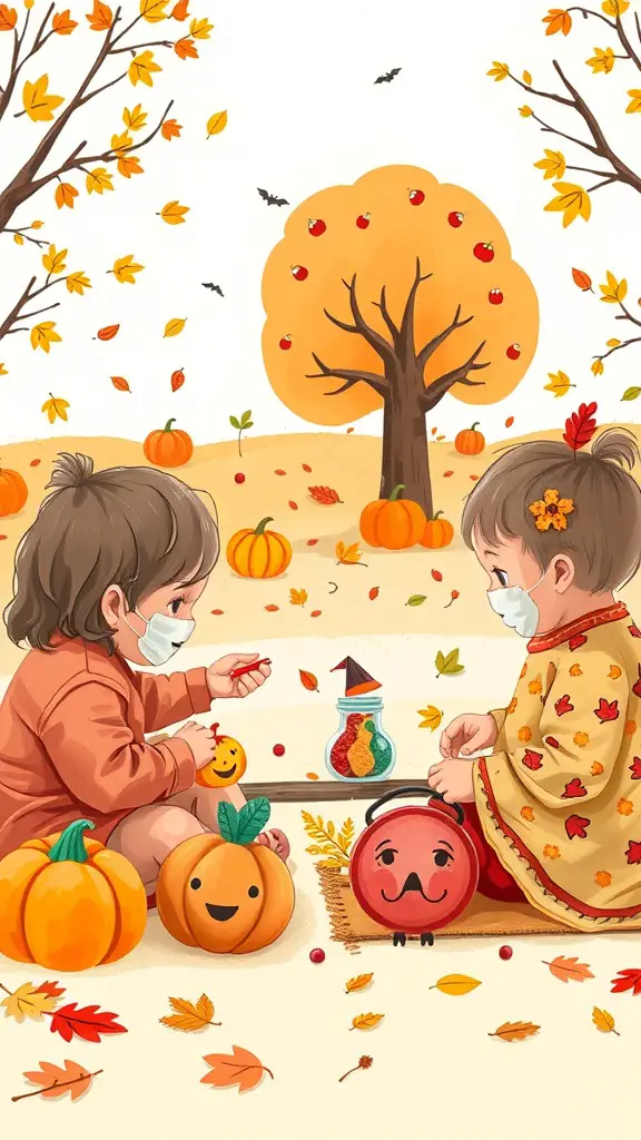 25+ Creative Fall Crafts for Toddlers 13 Two toddlers engaged in a fall-themed craft session with pumpkins and autumn leaves.