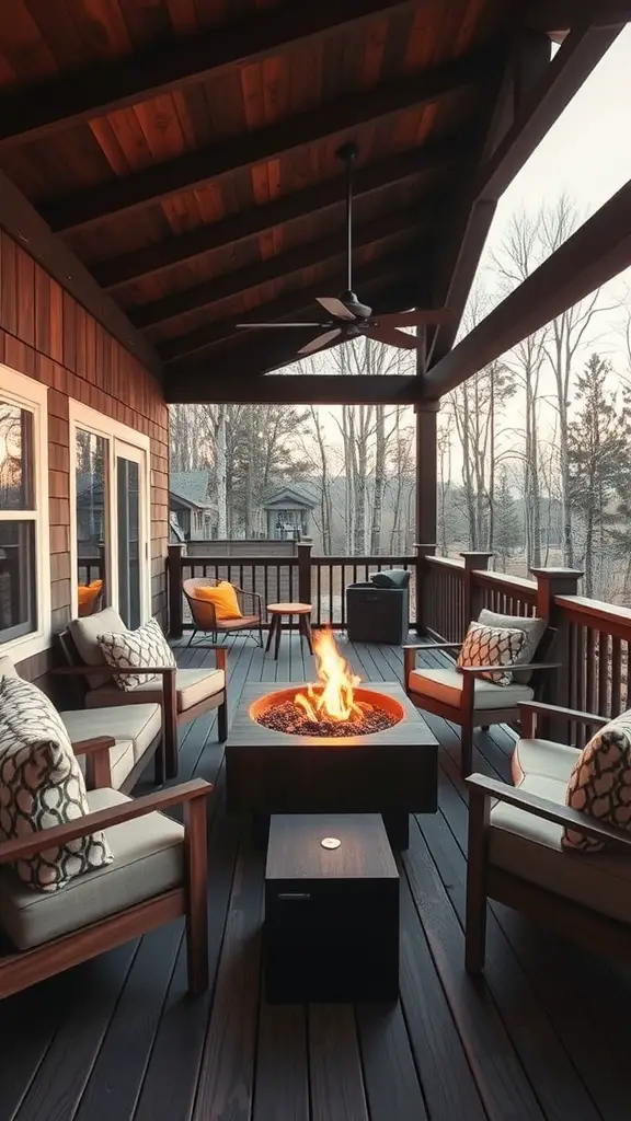 21+ Must-Have Features for Your Covered Deck Oasis 10 A cozy covered deck featuring a fire pit surrounded by comfortable seating, perfect for warmth and gatherings.