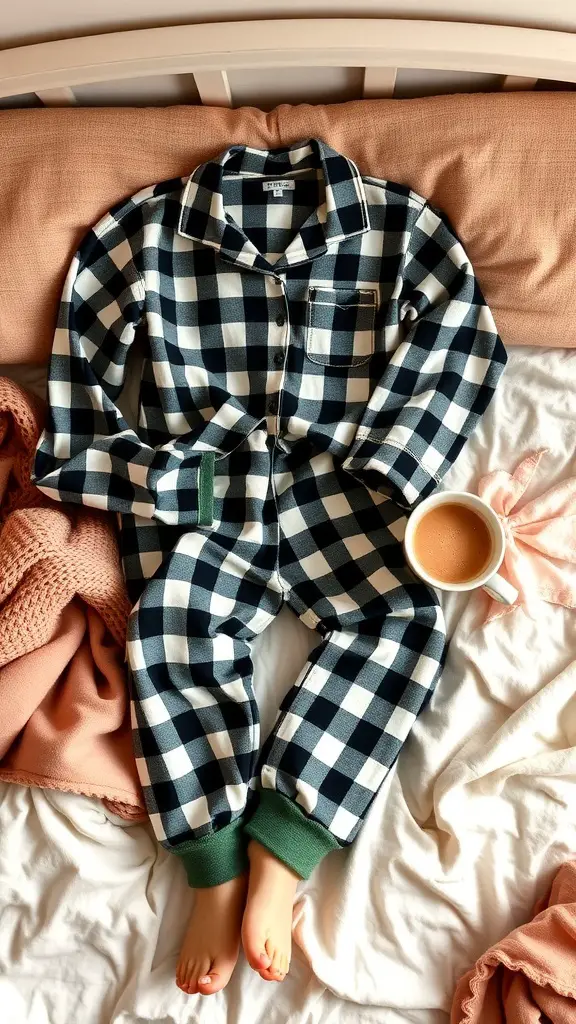 37+ Charming Fall Sewing Projects to Cozy Up Your Home 9 Cozy flannel pajama set with checkered pattern on a bed