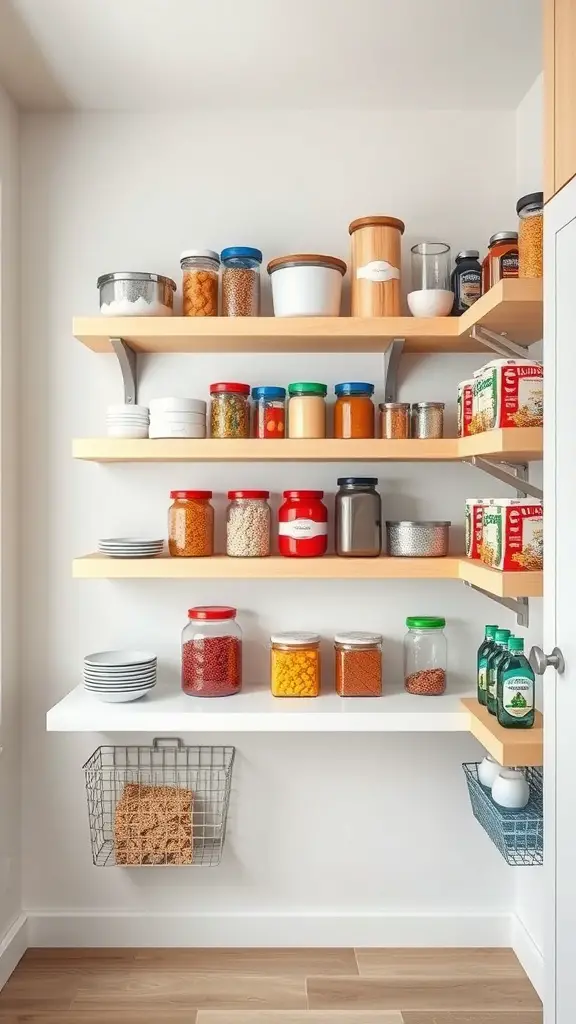 17+ Stylish DIY Pantry Shelf Ideas to Organize Your Space 5 Organized pantry with floating shelves and various jars and containers