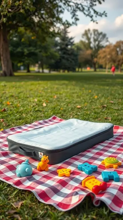21+ Creative Baby Changing Station Ideas for Every Nursery 10 A portable changing pad on a checkered blanket in a park, surrounded by colorful toys.