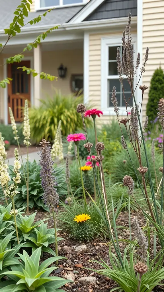 25+ Stunning Desert Landscaping Ideas for Your Front Yard 14 A vibrant front yard garden featuring various flowering plants and lush greenery, designed to attract wildlife.