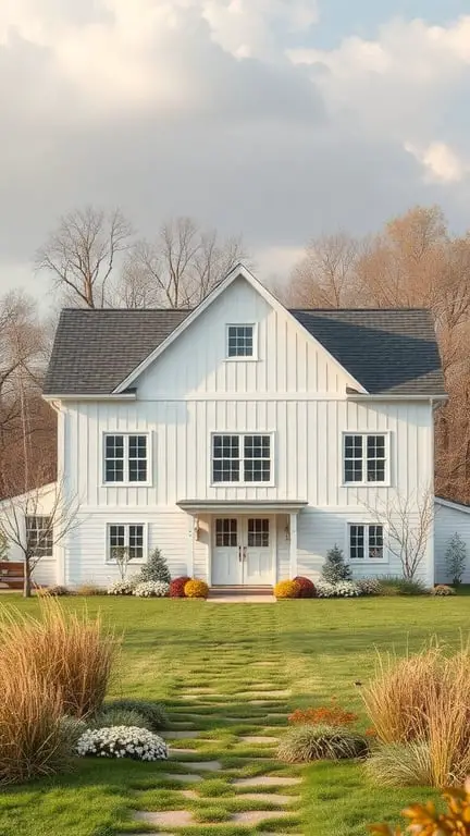 29+ Inspiring Modern Farmhouse Exterior Ideas 10 A modern farmhouse with a white exterior, surrounded by pastel flowers and a green lawn.