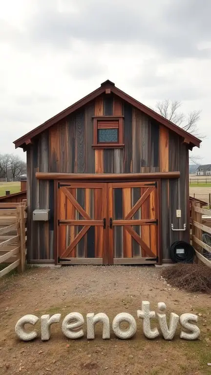 15 Creative DIY Shed Plans for Your Backyard Oasis 6 A rustic barn-style shed with wooden exterior and double doors, featuring a small window above the doors.