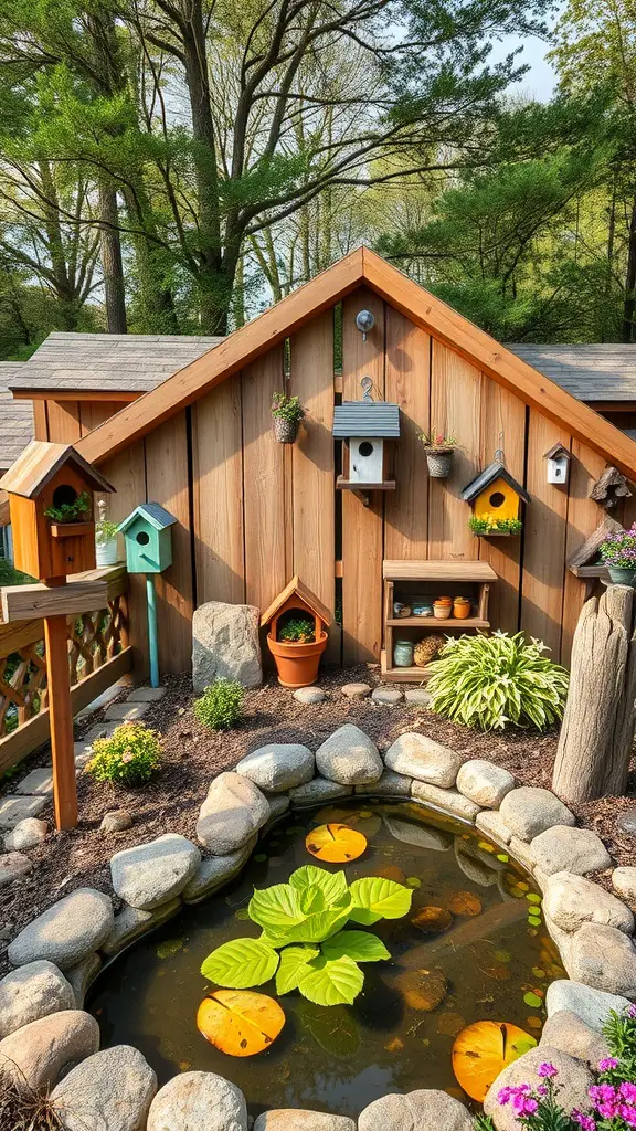 21+ Cottagecore Garden Essentials for a Whimsical Outdoor Retreat 16 A cozy cottage core garden featuring birdhouses, a pond with lily pads, and lush greenery.