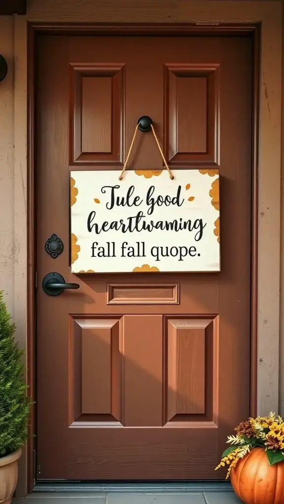 23+ Charming Fall Door Decorations to Welcome the Season 11 A rustic wooden sign with a fall quote hanging on a brown door, surrounded by fall decorations.