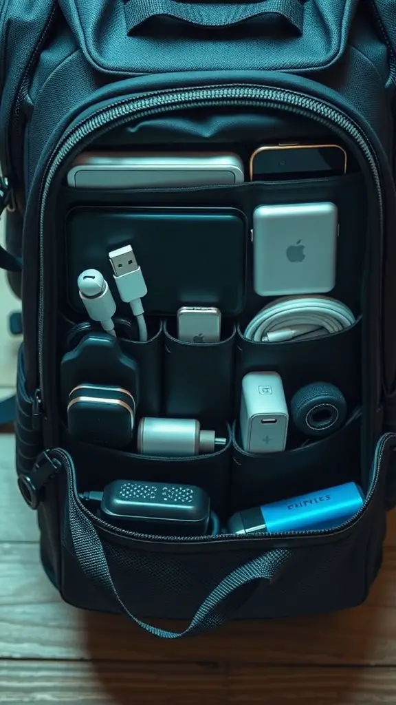 A well-organized backpack showing various tech gear in pouches.
