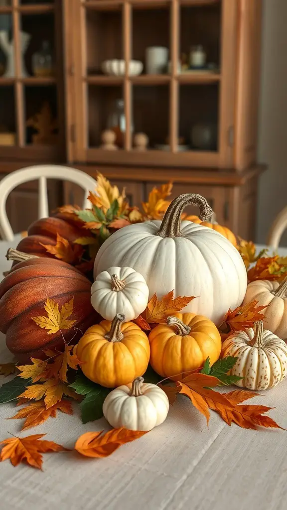 15 Stunning Fall Thanksgiving Decor Ideas You'll Love 5 A rustic pumpkin centerpiece featuring various pumpkins and autumn leaves