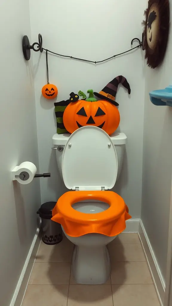 27+ Spooktacular Halloween Bathroom Decor Ideas 13 A Halloween-themed bathroom with an orange toilet seat cover, a smiling pumpkin, a witch's hat, and striped decorations.