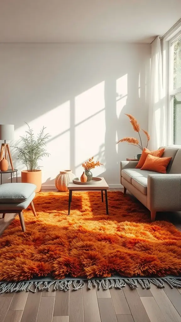 23+ Cozy Fall Living Room Decor Ideas to Transform Your Space 7 Cozy living room with a plush orange rug, light furniture, and warm decor.