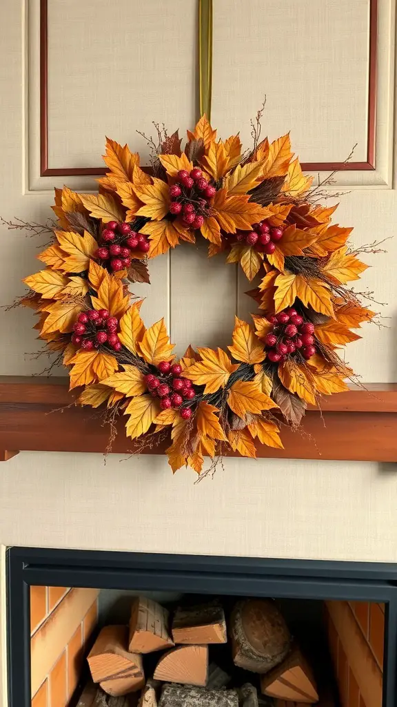 A fall-themed wreath made of orange and yellow leaves, hanging above a fireplace with a pumpkin and decorative items.
