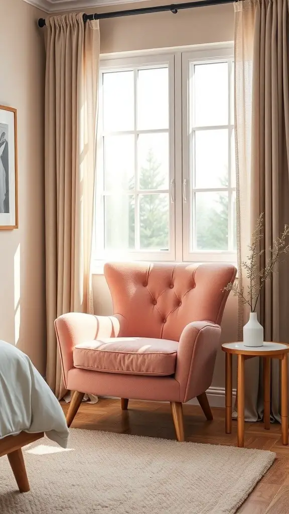 27+ Stunning Beige and Pink Bedroom Ideas for a Cozy Retreat 19 A pink accent chair in a beige bedroom corner with a window and a side table.