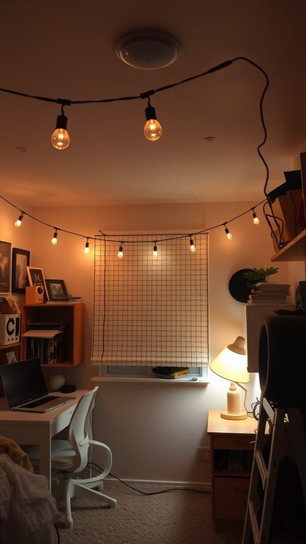 17 Stylish Small Dorm Room Ideas for Limited Spaces 5 A cozy dorm room with string lights and a desk lamp, showcasing smart lighting solutions.