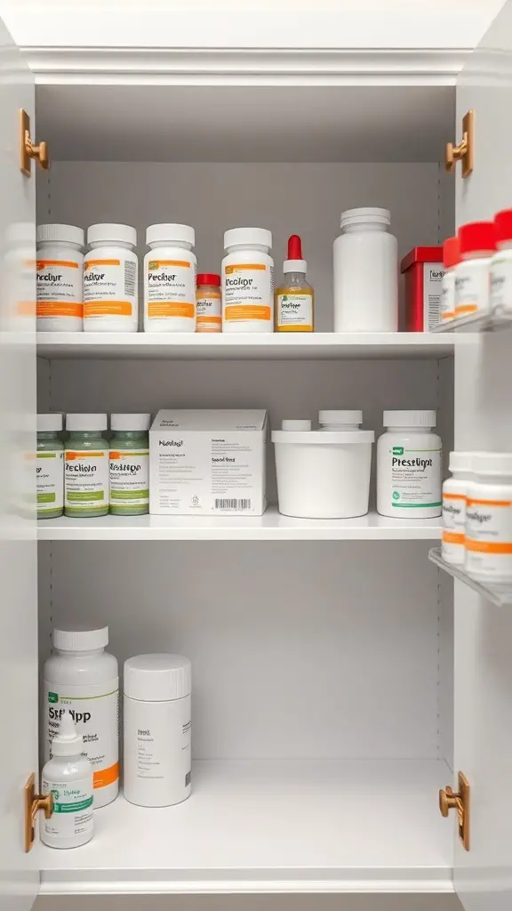 Organized medicine cabinet with various prescription bottles and containers.