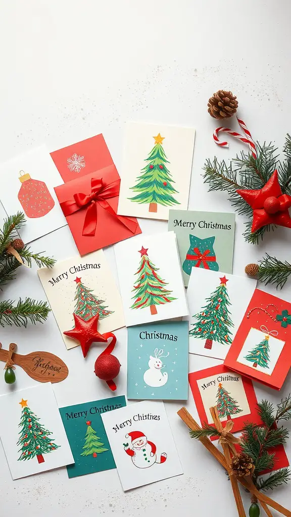 23+ Creative Christmas Crafts for Adults to Try This Holiday Season 9 A collection of handmade Christmas cards featuring trees, snowmen, and festive decorations, surrounded by pine branches and ornaments.