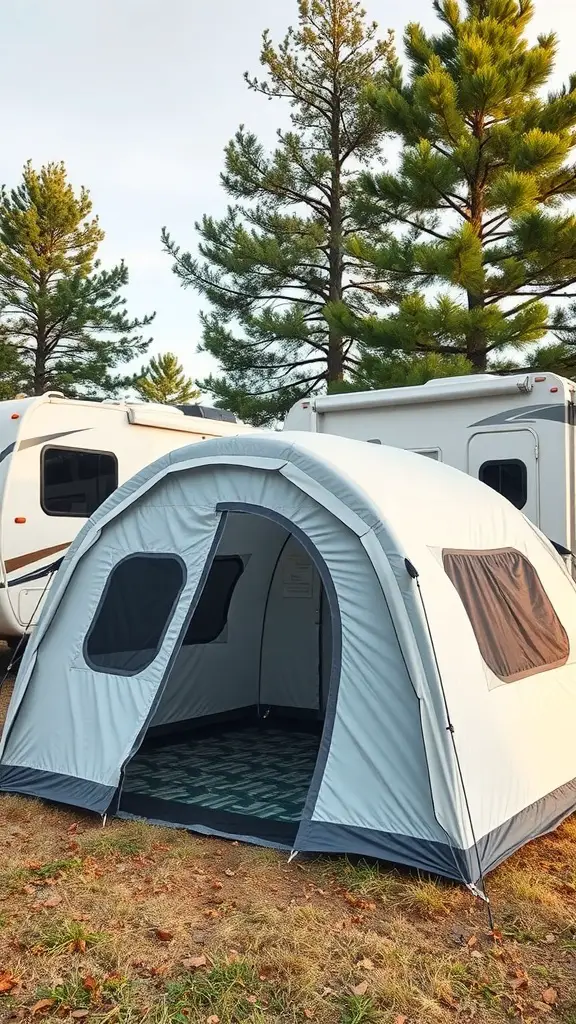 17+ Creative RV Shelter Ideas to Protect Your Home on Wheels 6 An inflatable tent set up next to an RV, surrounded by trees.