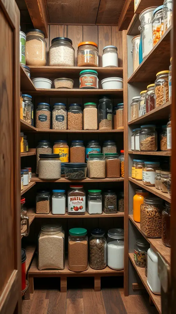33+ Vintage Farmhouse Kitchen Ideas You'll Love 12 A rustic pantry filled with glass jars on wooden shelves, showcasing various ingredients.