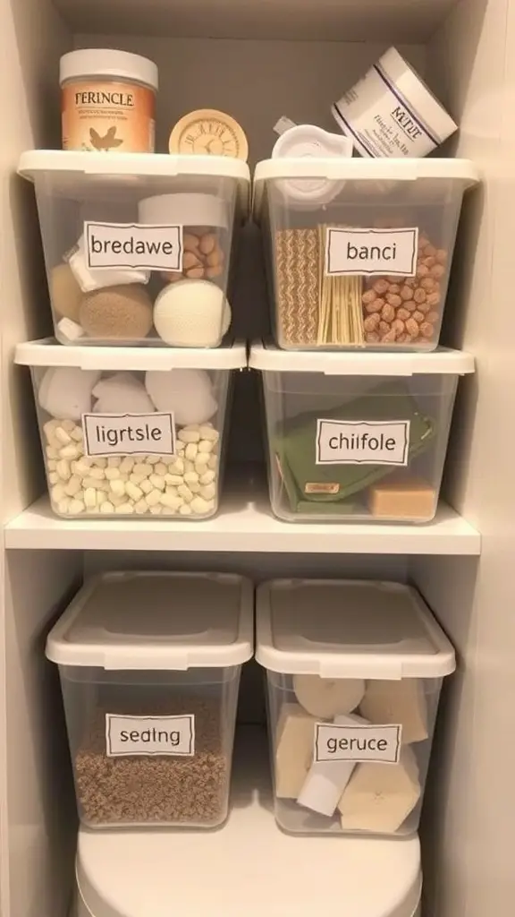 Color-coded bathroom shelves with beauty products organized in labeled bins.